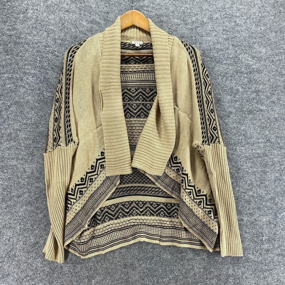 Eyeshadow Cardigan Women L Large Beige Striped Open Front Knit Long Sleeve